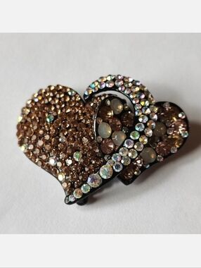 Amber Topaz Crystal Rhinestone Double Heart Pin Brooch Signed WZ W2 Valentine